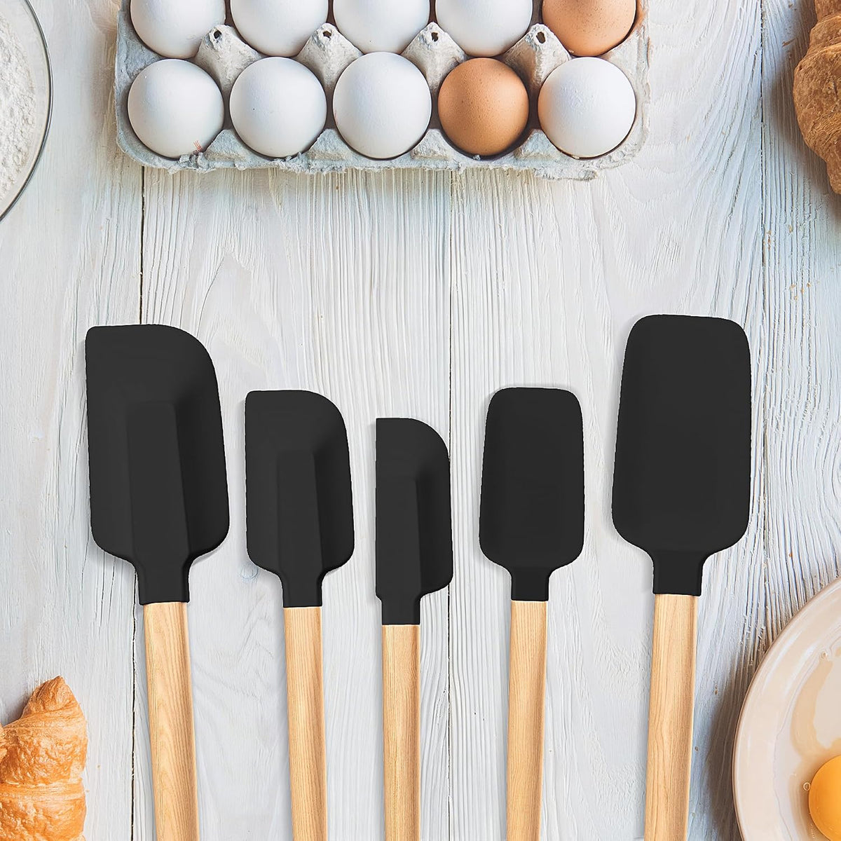 Wooden Handle Silicone Rubber Spatula Set 5 Piece for Kitchen Baking, Jars,Cooking, and Mixing High Heat Resistant Non Stick Dishwasher Safe BPA-Free (Pink)