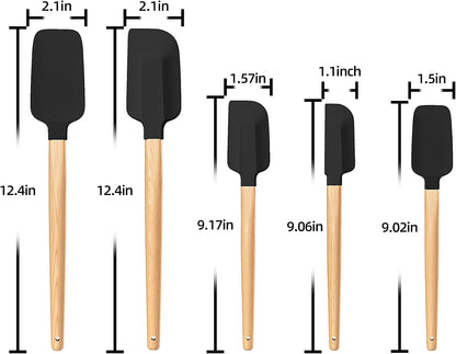 Wooden Handle Silicone Rubber Spatula Set 5 Piece for Kitchen Baking, Jars,Cooking, and Mixing High Heat Resistant Non Stick Dishwasher Safe BPA-Free (Pink)