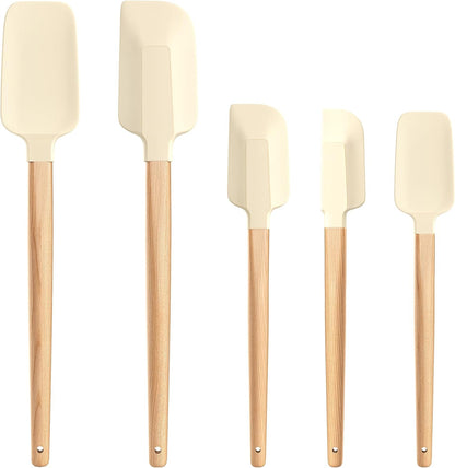 Wooden Handle Silicone Rubber Spatula Set 5 Piece for Kitchen Baking, Jars,Cooking, and Mixing High Heat Resistant Non Stick Dishwasher Safe BPA-Free (Pink)