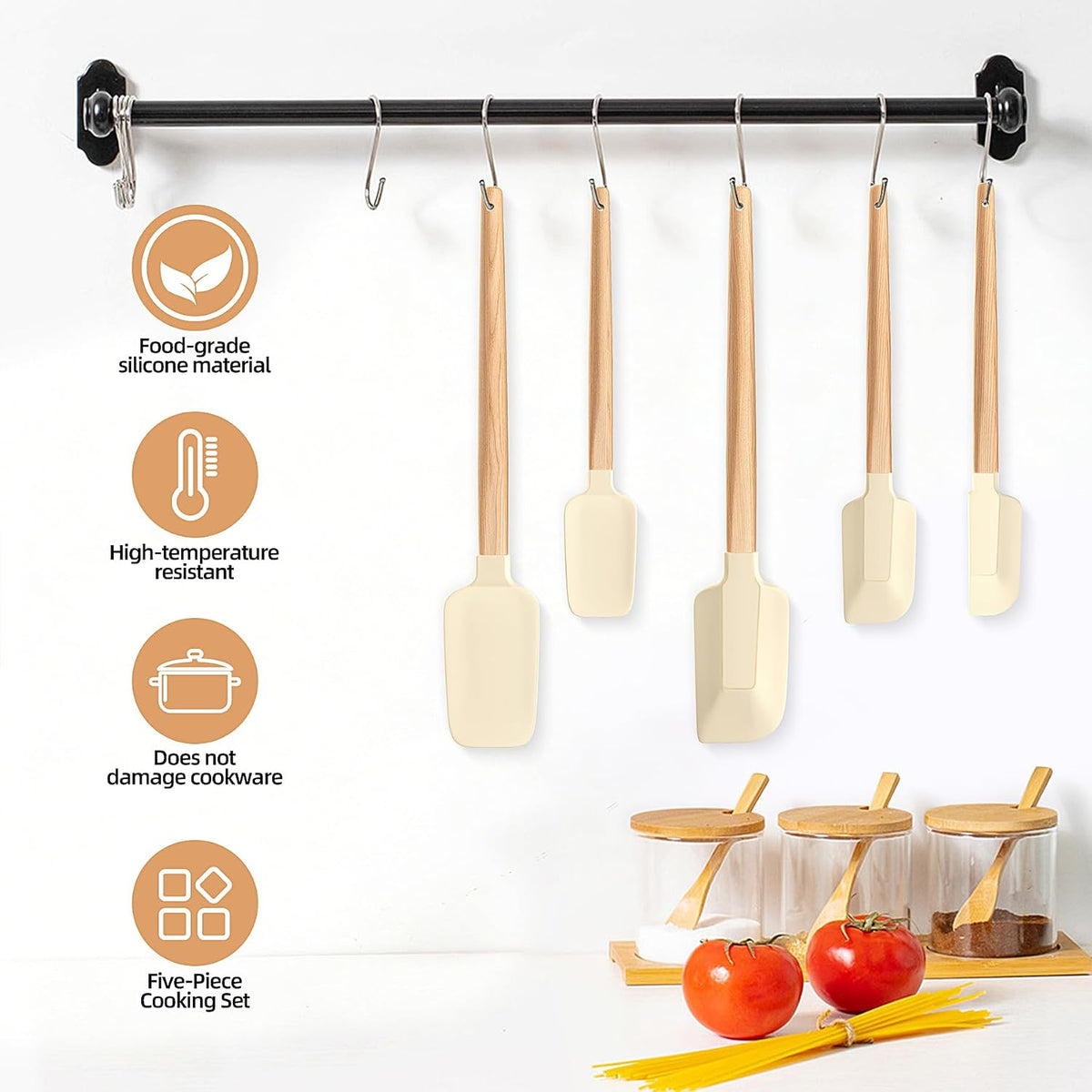 Wooden Handle Silicone Rubber Spatula Set 5 Piece for Kitchen Baking, Jars,Cooking, and Mixing High Heat Resistant Non Stick Dishwasher Safe BPA-Free (Pink)