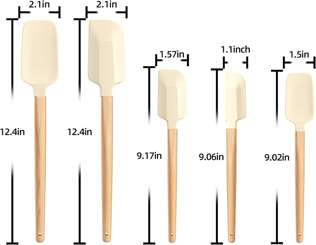 Wooden Handle Silicone Rubber Spatula Set 5 Piece for Kitchen Baking, Jars,Cooking, and Mixing High Heat Resistant Non Stick Dishwasher Safe BPA-Free (Pink)