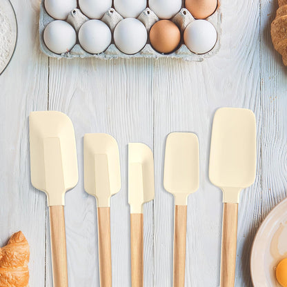 Wooden Handle Silicone Rubber Spatula Set 5 Piece for Kitchen Baking, Jars,Cooking, and Mixing High Heat Resistant Non Stick Dishwasher Safe BPA-Free (Pink)