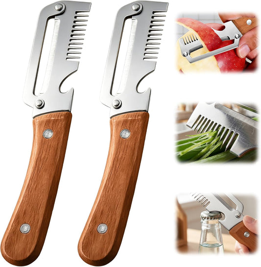 2026 Upgrade Vegetable Peeler With Wooden Handle, Stainless Steel Wide Blade Potato and Carrot Peeler, 3-in-1 Veggie Peeler With Scallion Shredder and Bottle Opener for Kitchen, Camping and Travel