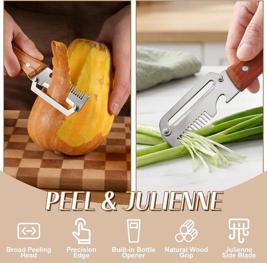 2026 Upgrade Vegetable Peeler With Wooden Handle, Stainless Steel Wide Blade Potato and Carrot Peeler, 3-in-1 Veggie Peeler With Scallion Shredder and Bottle Opener for Kitchen, Camping and Travel