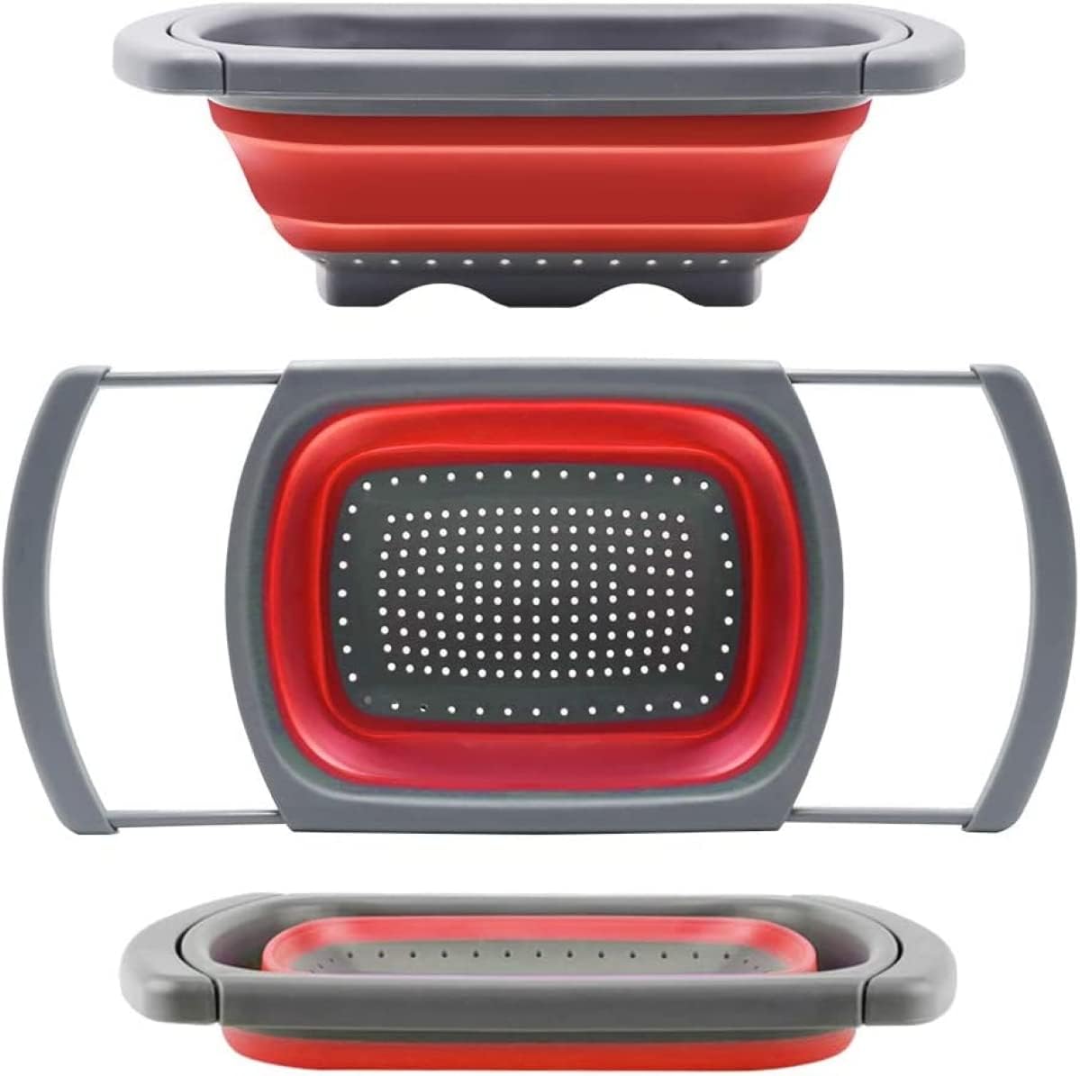 Collapsible Colander, Red Food Strainer Over the Sink Colanders Strainers with Extendable Handles, 6-Quart, Dishwasher-Safe Kitchen Folding Strainer for Pasta, Vegetables and Fruits by Polerce