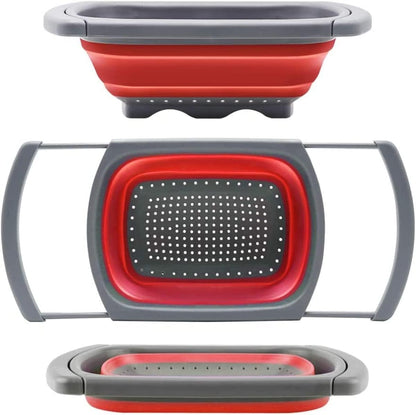 Collapsible Colander, Red Food Strainer Over the Sink Colanders Strainers with Extendable Handles, 6-Quart, Dishwasher-Safe Kitchen Folding Strainer for Pasta, Vegetables and Fruits by Polerce
