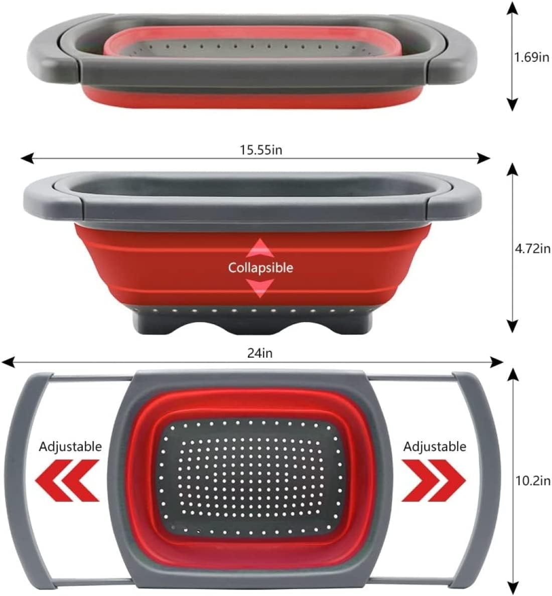 Collapsible Colander, Red Food Strainer Over the Sink Colanders Strainers with Extendable Handles, 6-Quart, Dishwasher-Safe Kitchen Folding Strainer for Pasta, Vegetables and Fruits by Polerce