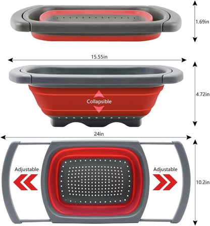 Collapsible Colander, Red Food Strainer Over the Sink Colanders Strainers with Extendable Handles, 6-Quart, Dishwasher-Safe Kitchen Folding Strainer for Pasta, Vegetables and Fruits by Polerce