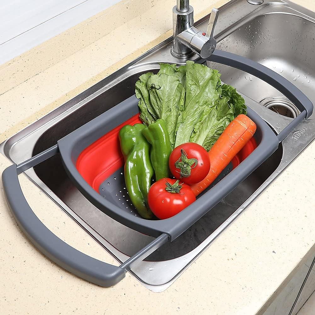 Collapsible Colander, Red Food Strainer Over the Sink Colanders Strainers with Extendable Handles, 6-Quart, Dishwasher-Safe Kitchen Folding Strainer for Pasta, Vegetables and Fruits by Polerce