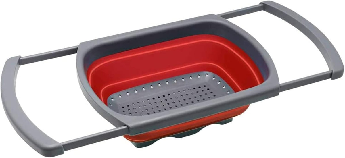 Collapsible Colander, Red Food Strainer Over the Sink Colanders Strainers with Extendable Handles, 6-Quart, Dishwasher-Safe Kitchen Folding Strainer for Pasta, Vegetables and Fruits by Polerce