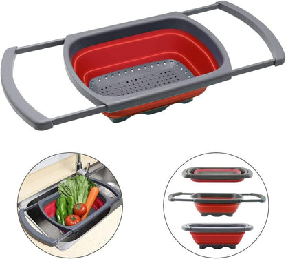 Collapsible Colander, Red Food Strainer Over the Sink Colanders Strainers with Extendable Handles, 6-Quart, Dishwasher-Safe Kitchen Folding Strainer for Pasta, Vegetables and Fruits by Polerce