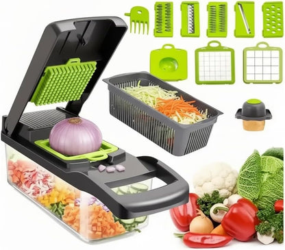 14-in-1 Vegetable Chopper with Container – Onion Chopper, Dicer, Slicer & Grater, Food Chopper with Stainless Steel Blades, BPA-Free, Easy Clean, Green