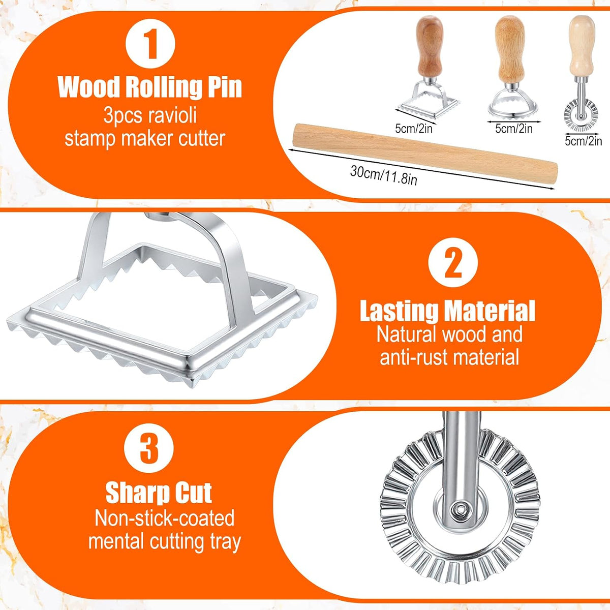 5 Pack Ravioli Mold Set 2 Inch Squares Ravioli Maker Cutter Include 1 Raviolis Maker Press 3 Pasta Cutter Stamp Makers 1 Wood Rolling Pin Pasta Making Tool(Makes 12 Ravioli)