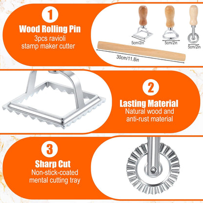 5 Pack Ravioli Mold Set 2 Inch Squares Ravioli Maker Cutter Include 1 Raviolis Maker Press 3 Pasta Cutter Stamp Makers 1 Wood Rolling Pin Pasta Making Tool(Makes 12 Ravioli)