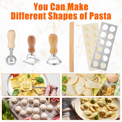 5 Pack Ravioli Mold Set 2 Inch Squares Ravioli Maker Cutter Include 1 Raviolis Maker Press 3 Pasta Cutter Stamp Makers 1 Wood Rolling Pin Pasta Making Tool(Makes 12 Ravioli)