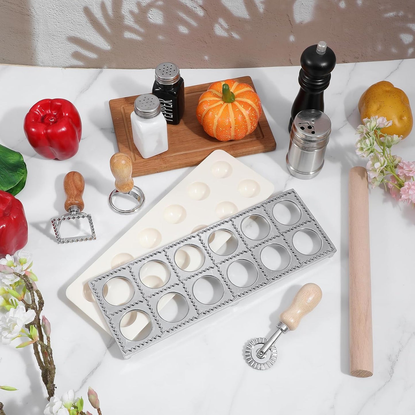 5 Pack Ravioli Mold Set 2 Inch Squares Ravioli Maker Cutter Include 1 Raviolis Maker Press 3 Pasta Cutter Stamp Makers 1 Wood Rolling Pin Pasta Making Tool(Makes 12 Ravioli)