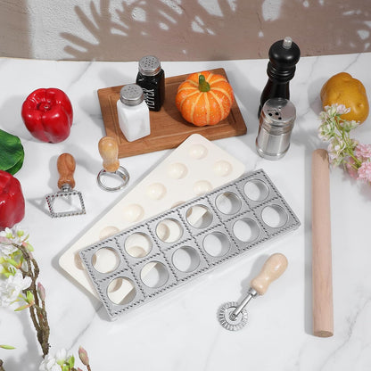 5 Pack Ravioli Mold Set 2 Inch Squares Ravioli Maker Cutter Include 1 Raviolis Maker Press 3 Pasta Cutter Stamp Makers 1 Wood Rolling Pin Pasta Making Tool(Makes 12 Ravioli)