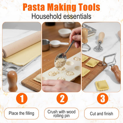 5 Pack Ravioli Mold Set 2 Inch Squares Ravioli Maker Cutter Include 1 Raviolis Maker Press 3 Pasta Cutter Stamp Makers 1 Wood Rolling Pin Pasta Making Tool(Makes 12 Ravioli)