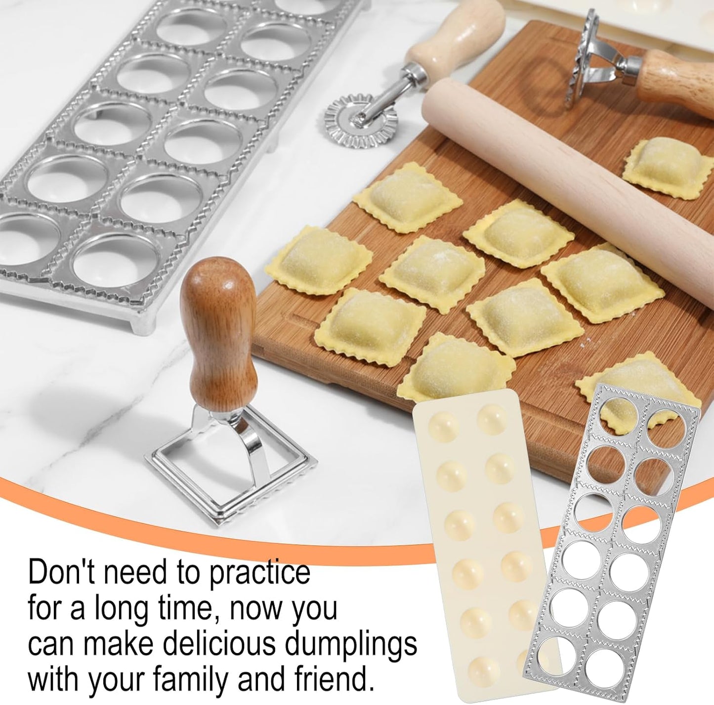 5 Pack Ravioli Mold Set 2 Inch Squares Ravioli Maker Cutter Include 1 Raviolis Maker Press 3 Pasta Cutter Stamp Makers 1 Wood Rolling Pin Pasta Making Tool(Makes 12 Ravioli)