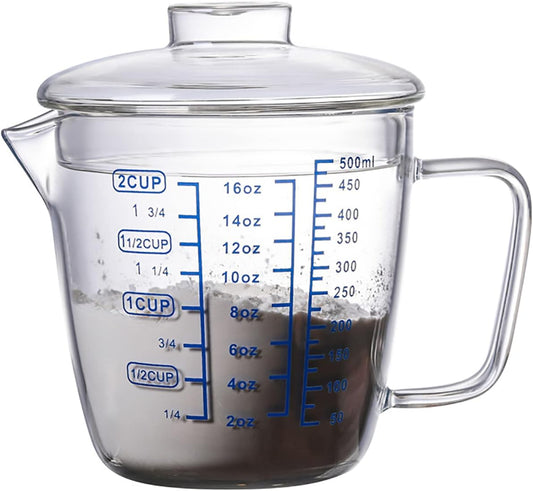 Glass Measuring Cup with Lid, Graduated Beaker Mug with Handle, Light-weight Borosilicate Glass V-Shaped Spout Microwave Safe Scales Cup for Cooking Baking (2cup/16oz/500ml)