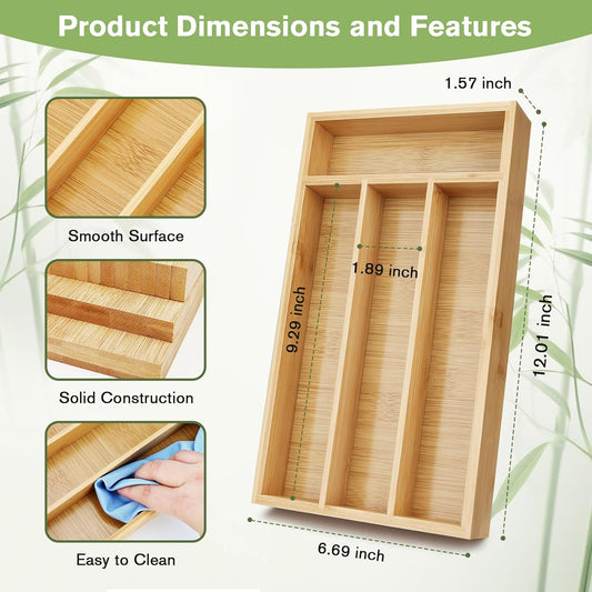 Small Silverware Organizer, Bamboo Drawer Organize, Bamboo Silverware Drawer Organizer, Spoon Flatware Storage with Grooved Drawer Dividers