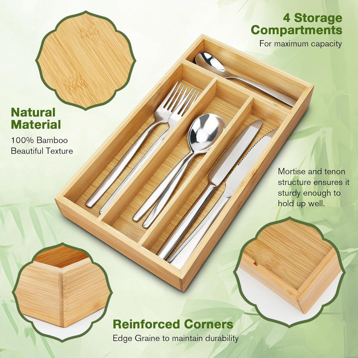 Small Silverware Organizer, Bamboo Drawer Organize, Bamboo Silverware Drawer Organizer, Spoon Flatware Storage with Grooved Drawer Dividers