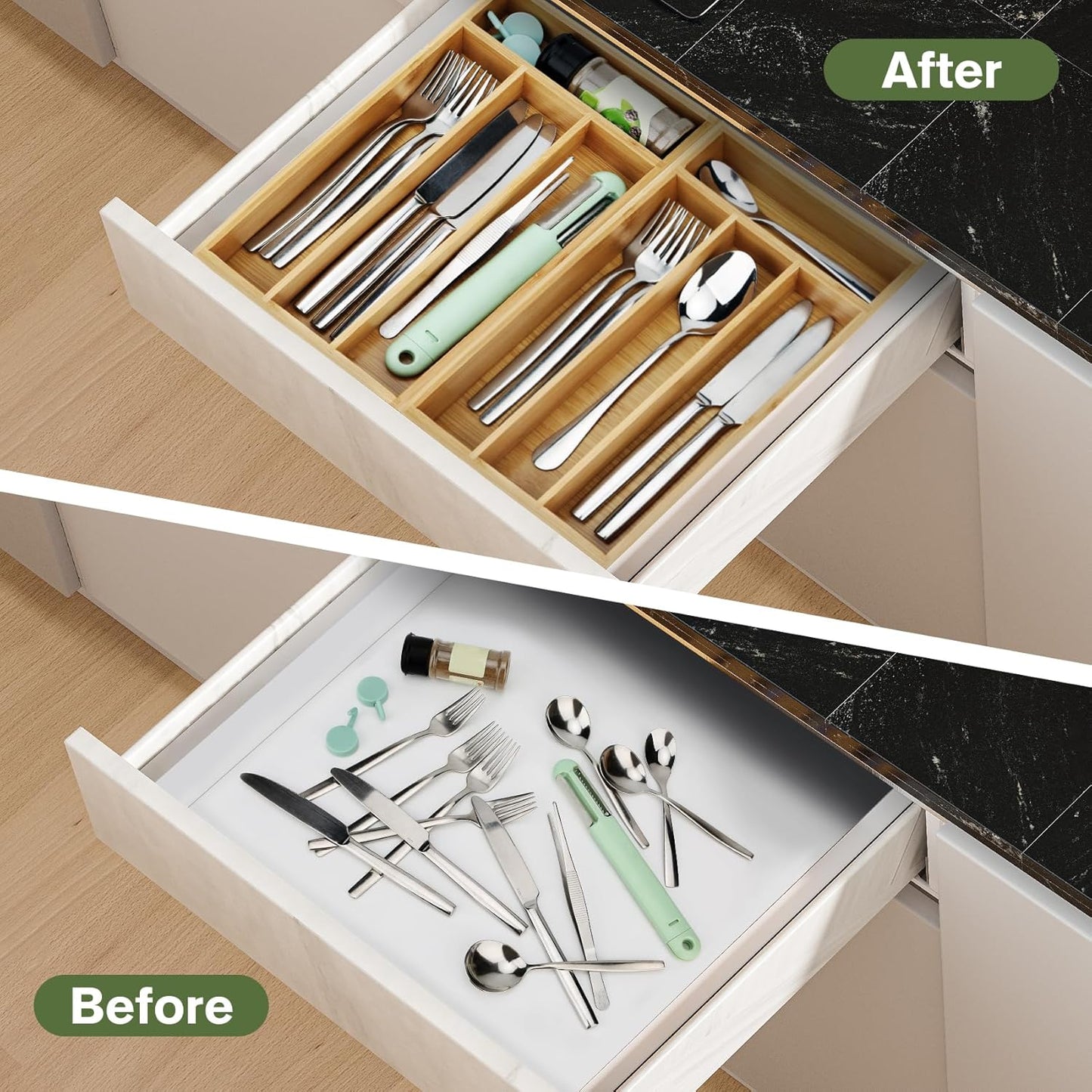Small Silverware Organizer, Bamboo Drawer Organize, Bamboo Silverware Drawer Organizer, Spoon Flatware Storage with Grooved Drawer Dividers