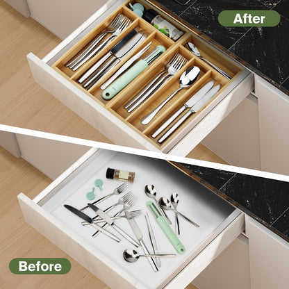 Small Silverware Organizer, Bamboo Drawer Organize, Bamboo Silverware Drawer Organizer, Spoon Flatware Storage with Grooved Drawer Dividers