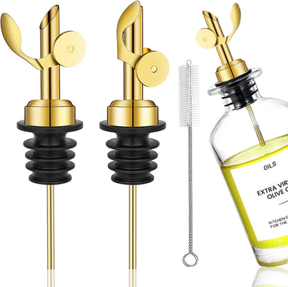 2 Pack Stainless Steel Weighted Bottle Pourers, Auto Flip, Gold | Self Closing Spout, Universal Fit, Wine Dispenser, Olive Oil Dispenser, Liquor Pourer, Bar Accessory