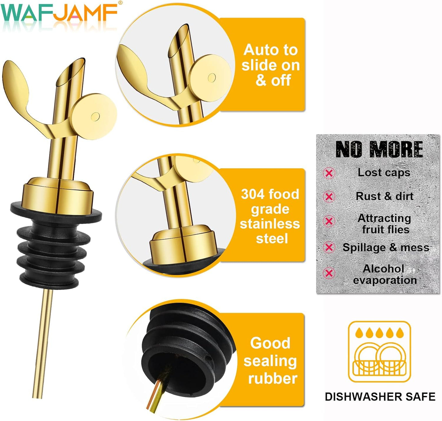 2 Pack Stainless Steel Weighted Bottle Pourers, Auto Flip, Gold | Self Closing Spout, Universal Fit, Wine Dispenser, Olive Oil Dispenser, Liquor Pourer, Bar Accessory