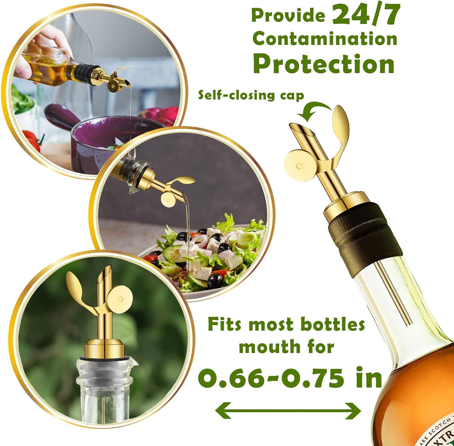 2 Pack Stainless Steel Weighted Bottle Pourers, Auto Flip, Gold | Self Closing Spout, Universal Fit, Wine Dispenser, Olive Oil Dispenser, Liquor Pourer, Bar Accessory