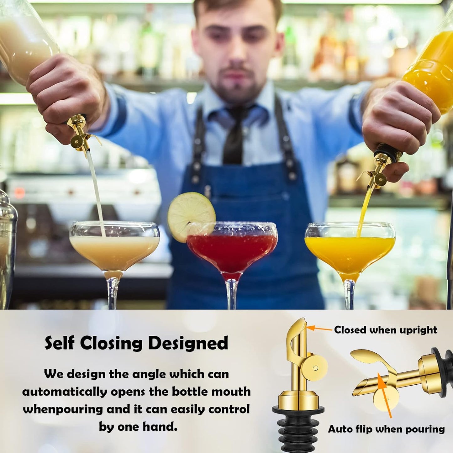 2 Pack Stainless Steel Weighted Bottle Pourers, Auto Flip, Gold | Self Closing Spout, Universal Fit, Wine Dispenser, Olive Oil Dispenser, Liquor Pourer, Bar Accessory