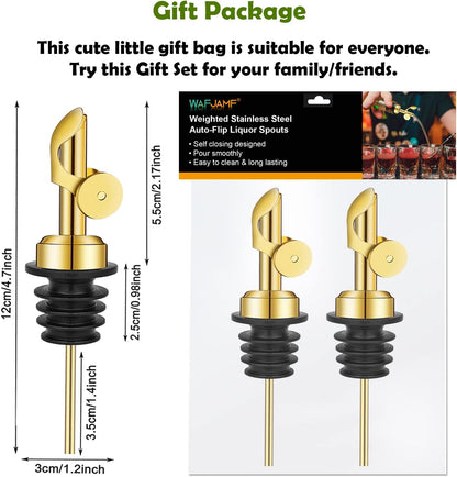 2 Pack Stainless Steel Weighted Bottle Pourers, Auto Flip, Gold | Self Closing Spout, Universal Fit, Wine Dispenser, Olive Oil Dispenser, Liquor Pourer, Bar Accessory