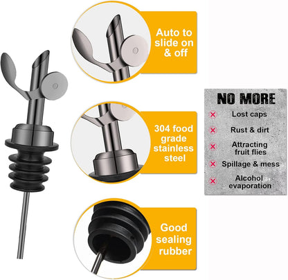 2 Pack Stainless Steel Weighted Bottle Pourers, Auto Flip, Gold | Self Closing Spout, Universal Fit, Wine Dispenser, Olive Oil Dispenser, Liquor Pourer, Bar Accessory