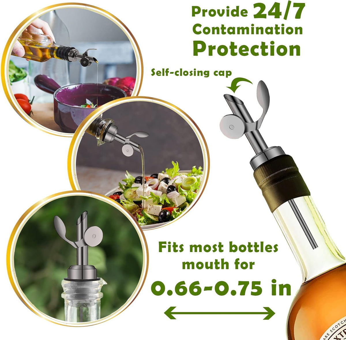 2 Pack Stainless Steel Weighted Bottle Pourers, Auto Flip, Gold | Self Closing Spout, Universal Fit, Wine Dispenser, Olive Oil Dispenser, Liquor Pourer, Bar Accessory