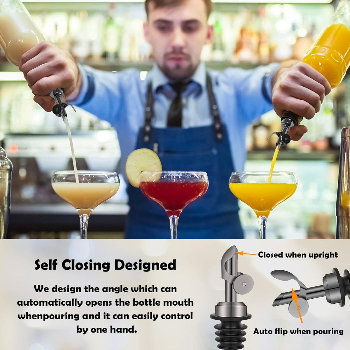 2 Pack Stainless Steel Weighted Bottle Pourers, Auto Flip, Gold | Self Closing Spout, Universal Fit, Wine Dispenser, Olive Oil Dispenser, Liquor Pourer, Bar Accessory