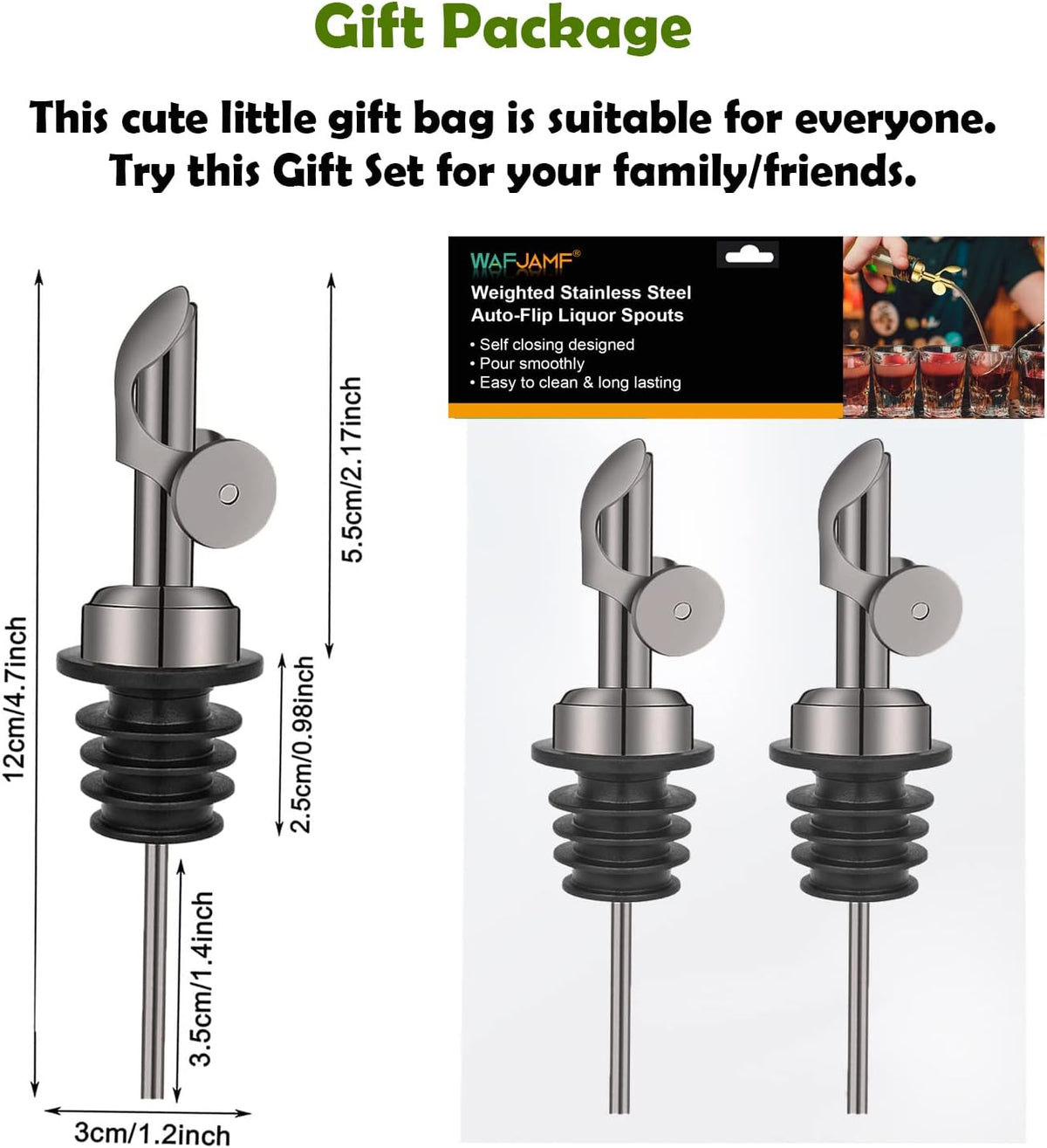 2 Pack Stainless Steel Weighted Bottle Pourers, Auto Flip, Gold | Self Closing Spout, Universal Fit, Wine Dispenser, Olive Oil Dispenser, Liquor Pourer, Bar Accessory