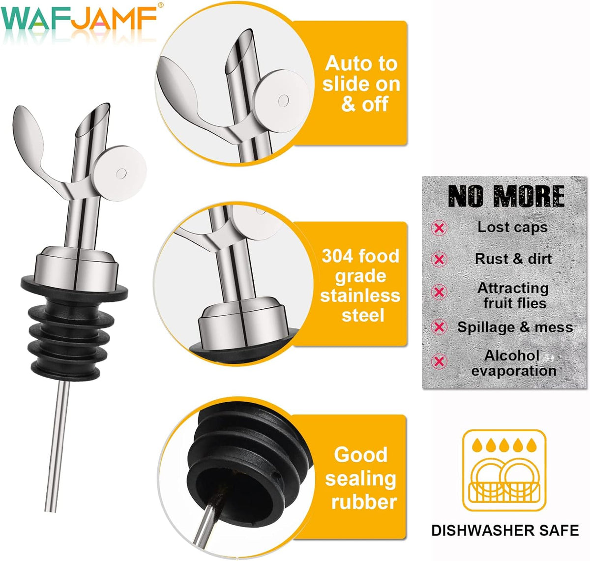 2 Pack Stainless Steel Weighted Bottle Pourers, Auto Flip, Gold | Self Closing Spout, Universal Fit, Wine Dispenser, Olive Oil Dispenser, Liquor Pourer, Bar Accessory