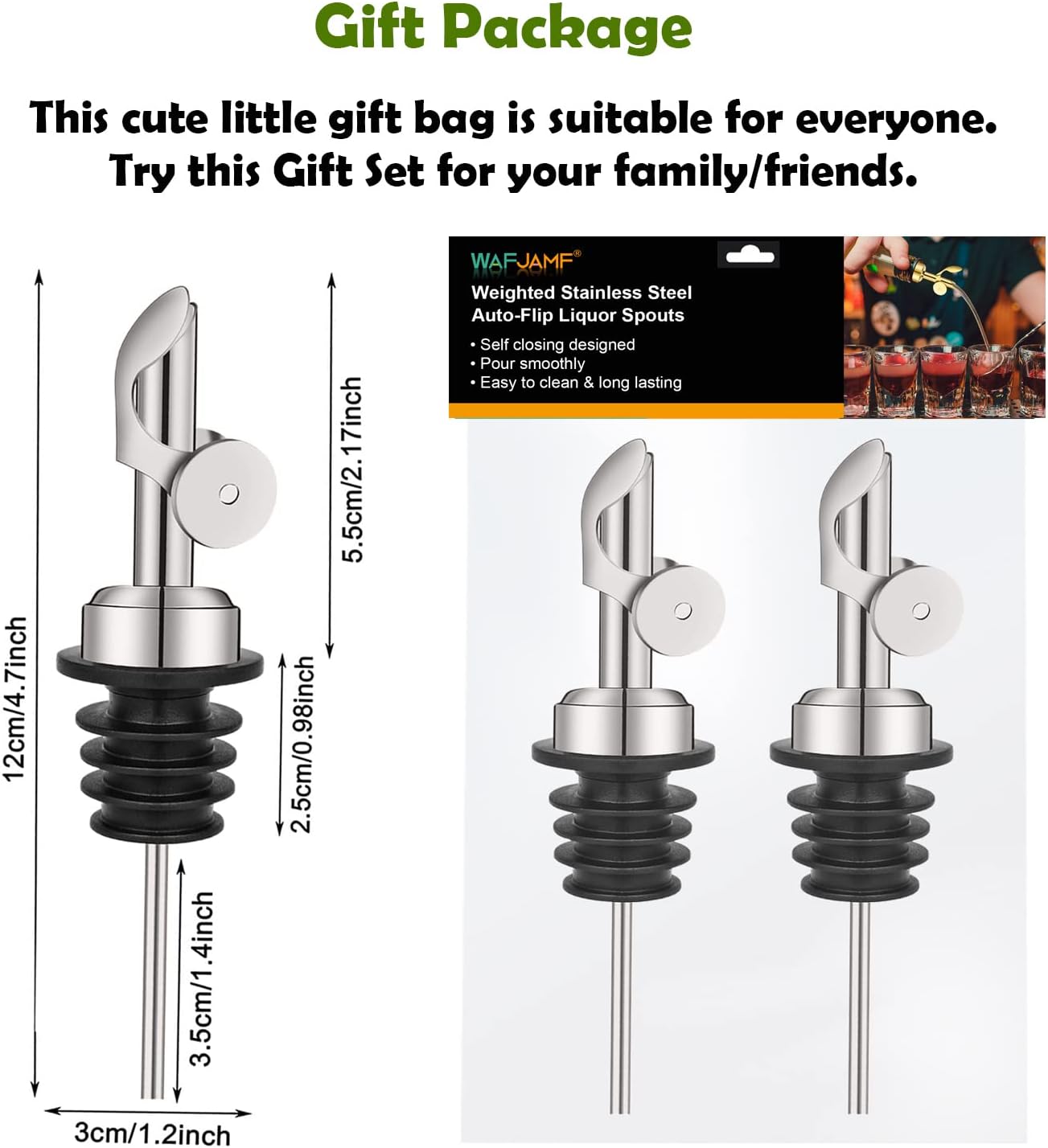 2 Pack Stainless Steel Weighted Bottle Pourers, Auto Flip, Gold | Self Closing Spout, Universal Fit, Wine Dispenser, Olive Oil Dispenser, Liquor Pourer, Bar Accessory