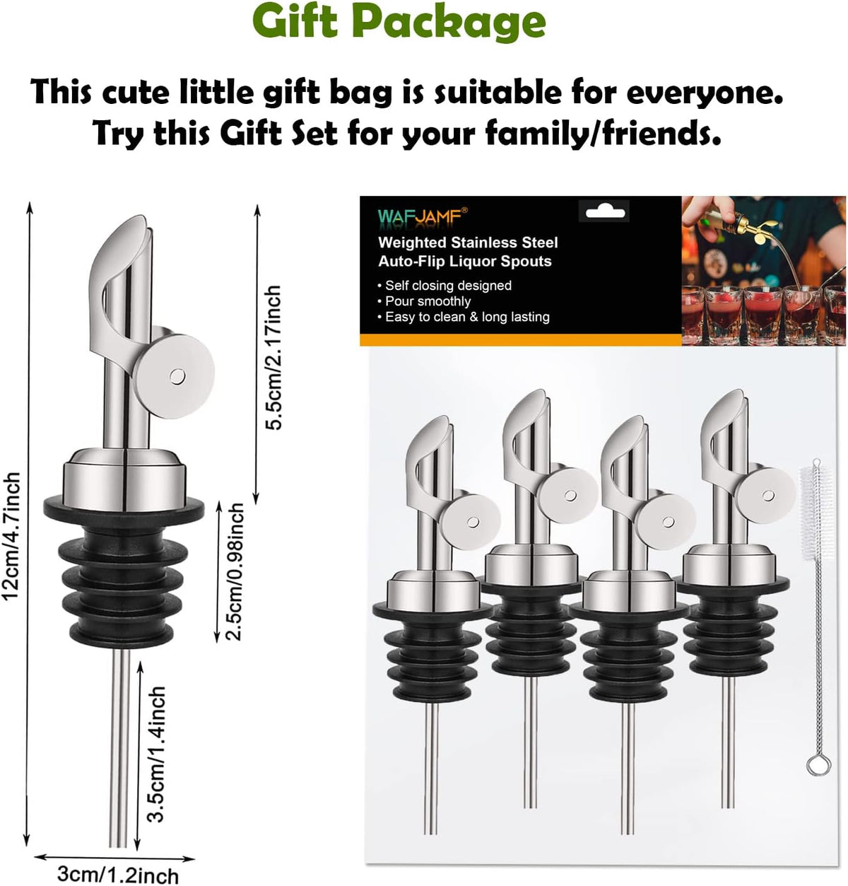 2 Pack Stainless Steel Weighted Bottle Pourers, Auto Flip, Gold | Self Closing Spout, Universal Fit, Wine Dispenser, Olive Oil Dispenser, Liquor Pourer, Bar Accessory