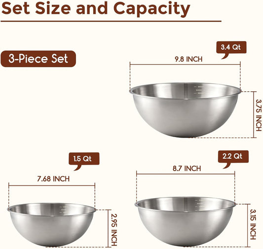 Gronivex 304 Stainless Steel Mixing Bowls, 3-Piece (1.5, 2.2 & 3.4 Qt) | Thicker-Gauge, Food-Grade Metal, Stackable Nesting & Space-Saving – For Kitchen Baking, Salads, Meal Prep, RV & Camping