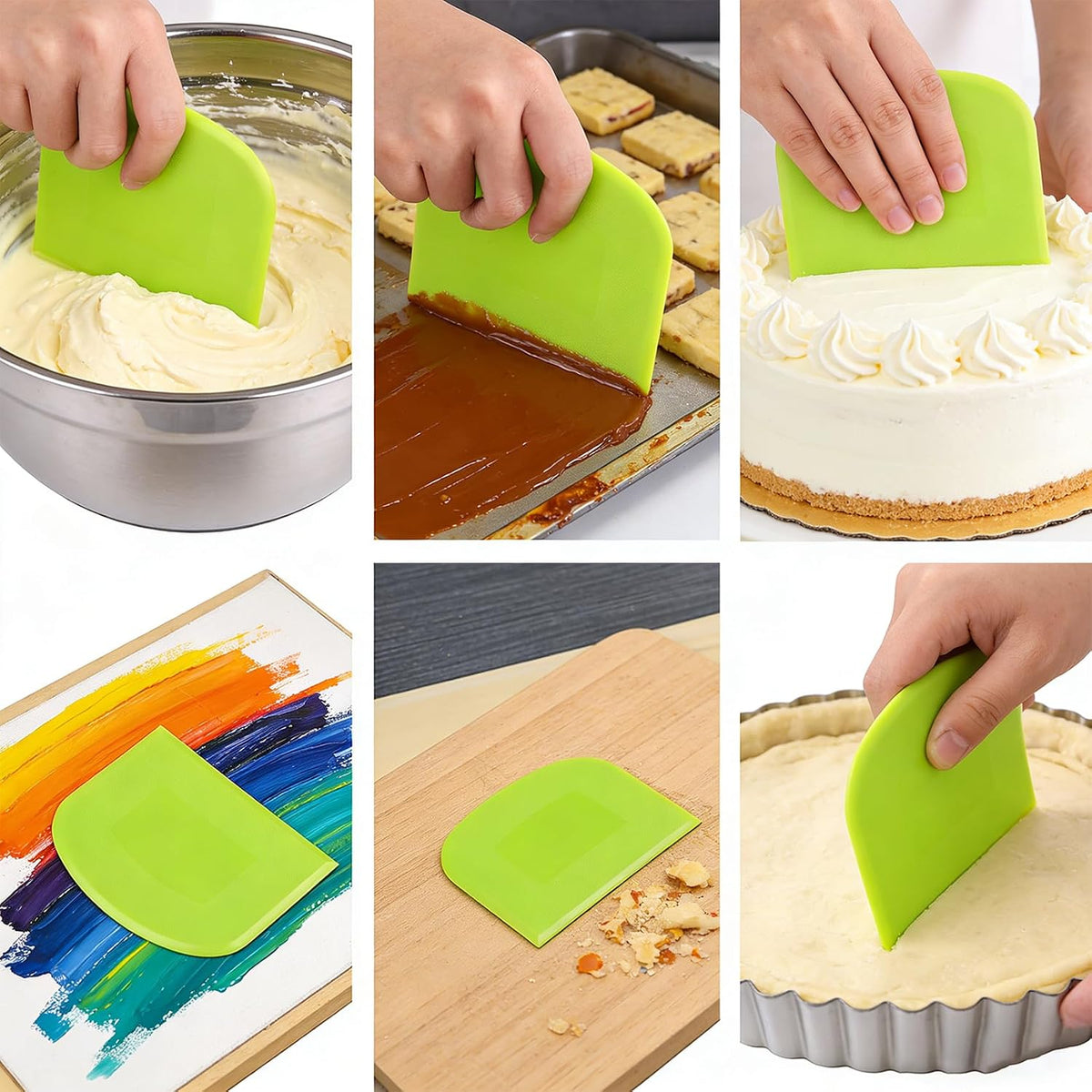 2 Pcs Dough Scraper Set, Flexible Plastic Bowl Scrapers, 4.6x3.65 Inch Sharp Edge Bench Scraper for Baking, Cake Decorating Tools (2, Green And White)