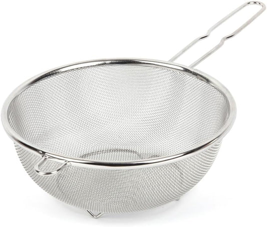8″ Stainless Steel Fine Mesh Strainer with Feet – Standing Colander with Handle for Strain, Sift, Drain & Rinse Vegetables, Fruits & Pasta