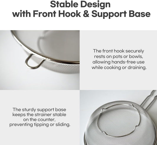 8″ Stainless Steel Fine Mesh Strainer with Feet – Standing Colander with Handle for Strain, Sift, Drain & Rinse Vegetables, Fruits & Pasta