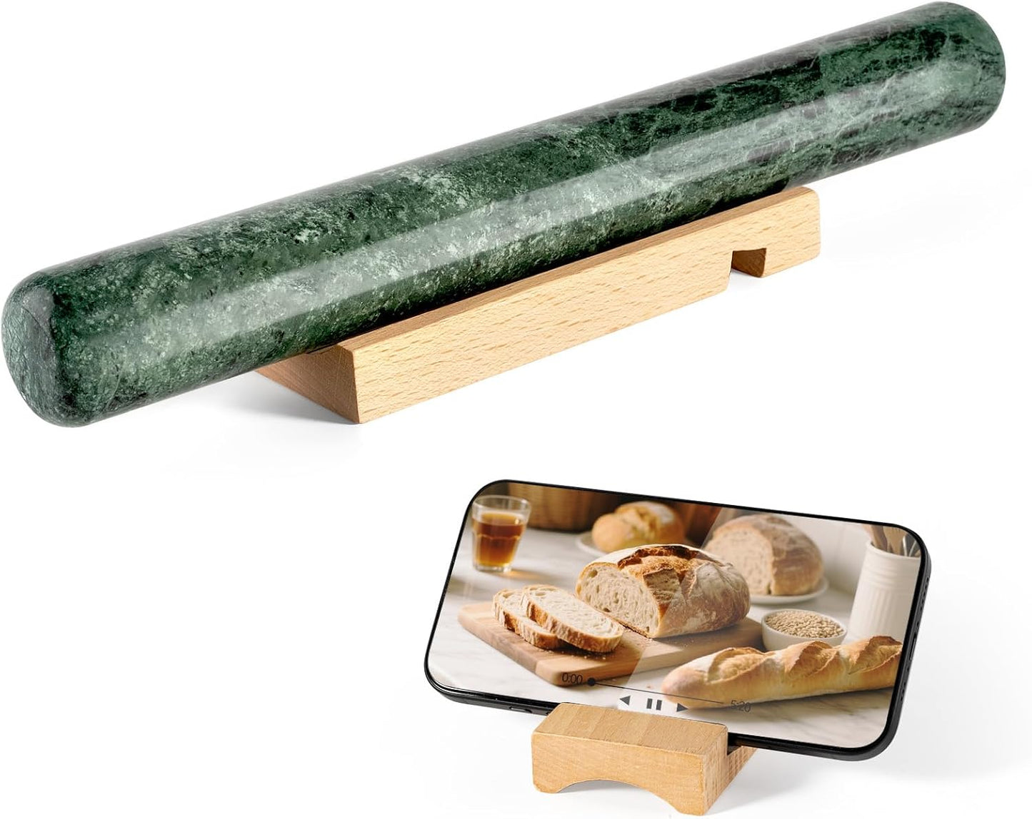 French Marble French Rolling Pin with Wooden Resting Base, 15 inch Kitchen Baking Tool for Baking with Non-Stick Surface, Ideal as a Dough Roller for Pie Crust, Cookie, Pasta