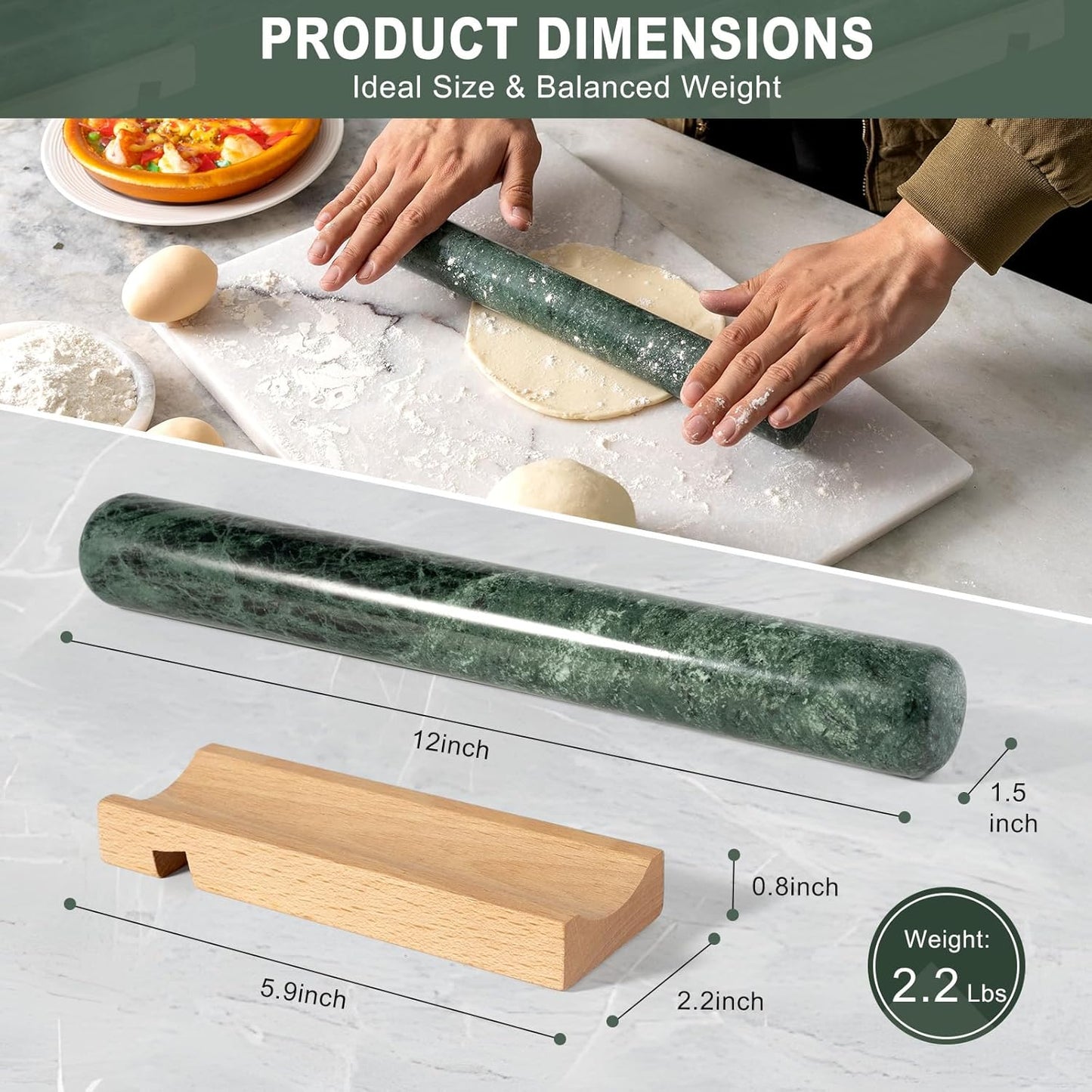 French Marble French Rolling Pin with Wooden Resting Base, 15 inch Kitchen Baking Tool for Baking with Non-Stick Surface, Ideal as a Dough Roller for Pie Crust, Cookie, Pasta