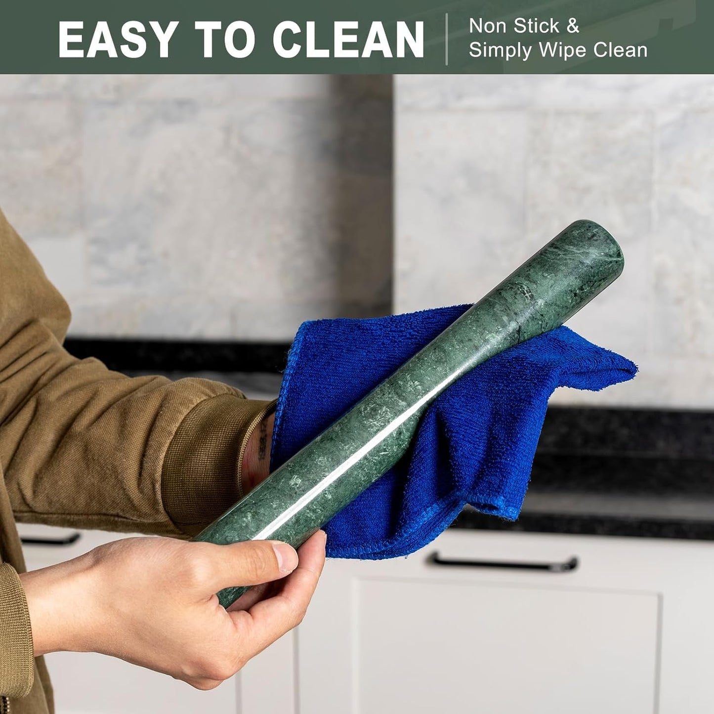 French Marble French Rolling Pin with Wooden Resting Base, 15 inch Kitchen Baking Tool for Baking with Non-Stick Surface, Ideal as a Dough Roller for Pie Crust, Cookie, Pasta