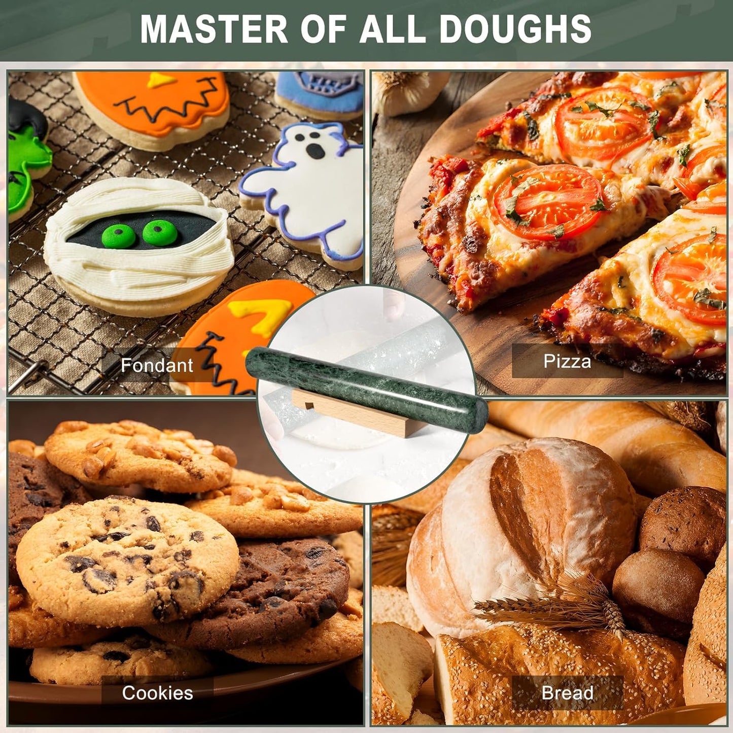 French Marble French Rolling Pin with Wooden Resting Base, 15 inch Kitchen Baking Tool for Baking with Non-Stick Surface, Ideal as a Dough Roller for Pie Crust, Cookie, Pasta