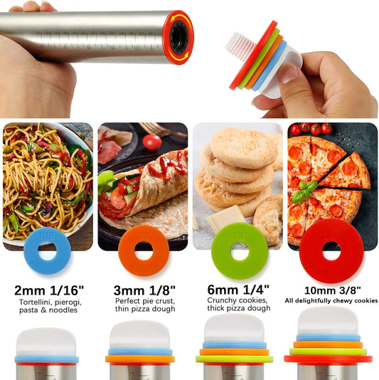 Rolling Pin, Rolling Pins Thickness Rings and Silicone Baking Pastry Mat Set, Stainless Steel Dough Roller Rolling Pins for Baking & Bench Scraper For Pizza, Cookies, Pie, Pasta, Pastries