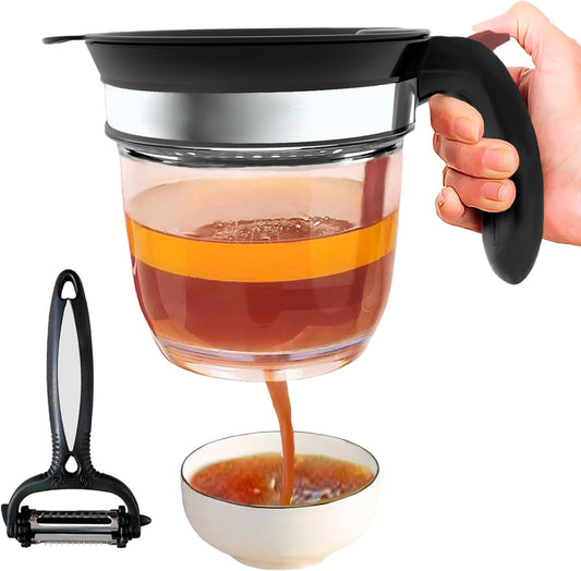 Fat Separator with Bottom Release, Gravy Separator with Oil Strainer for Cooking, Kitchen Gadgets-4 Cup Grease Separator with Sifter, Packaged with a 3-in-1 Multifunctional Peeler for potato (Red)